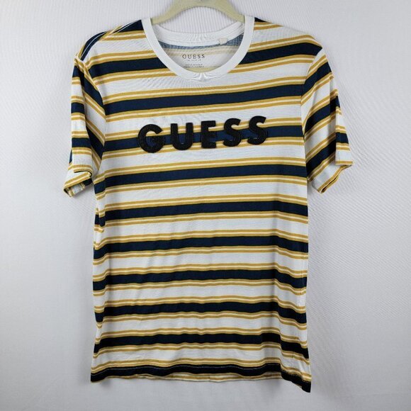 Vtg. GUESS Logo T-Shirt Women's M Marigold/Blue Striped Short Sleeve Crew Neck - Picture 1 of 6